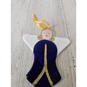 Pier 1 Murano angel glass glitter ornament blue Xmas tree cherub